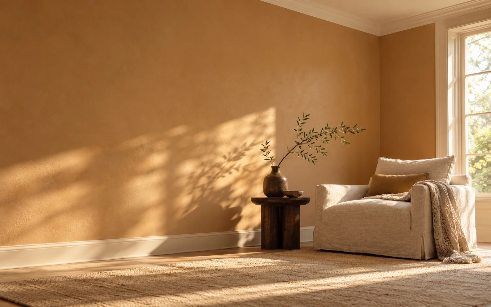 Warm painted interior with a linen chair